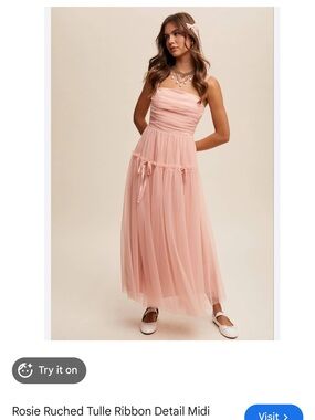 vestique Blush Pink Ruched Tulle Ribbon Midi Dress